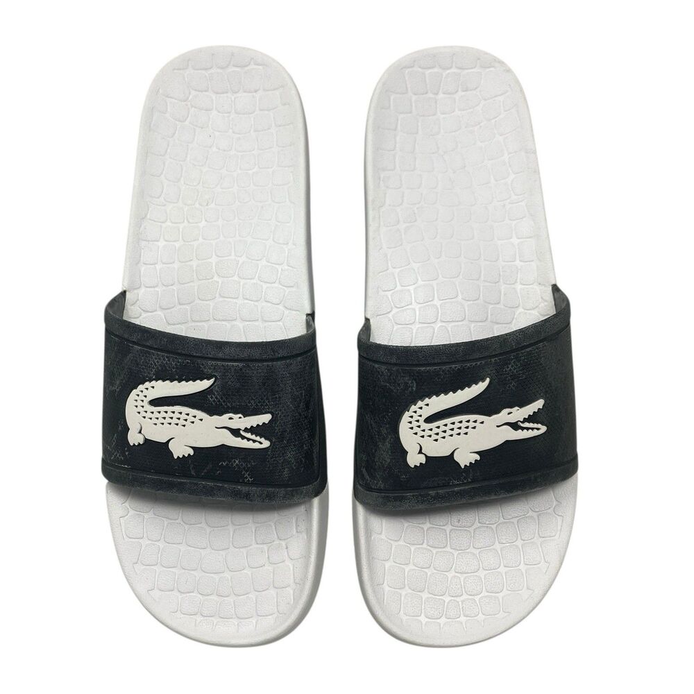 Lacoste Slides Mens 9 Black White Fraisier Summer Crocodile Logo Beach Sandals
